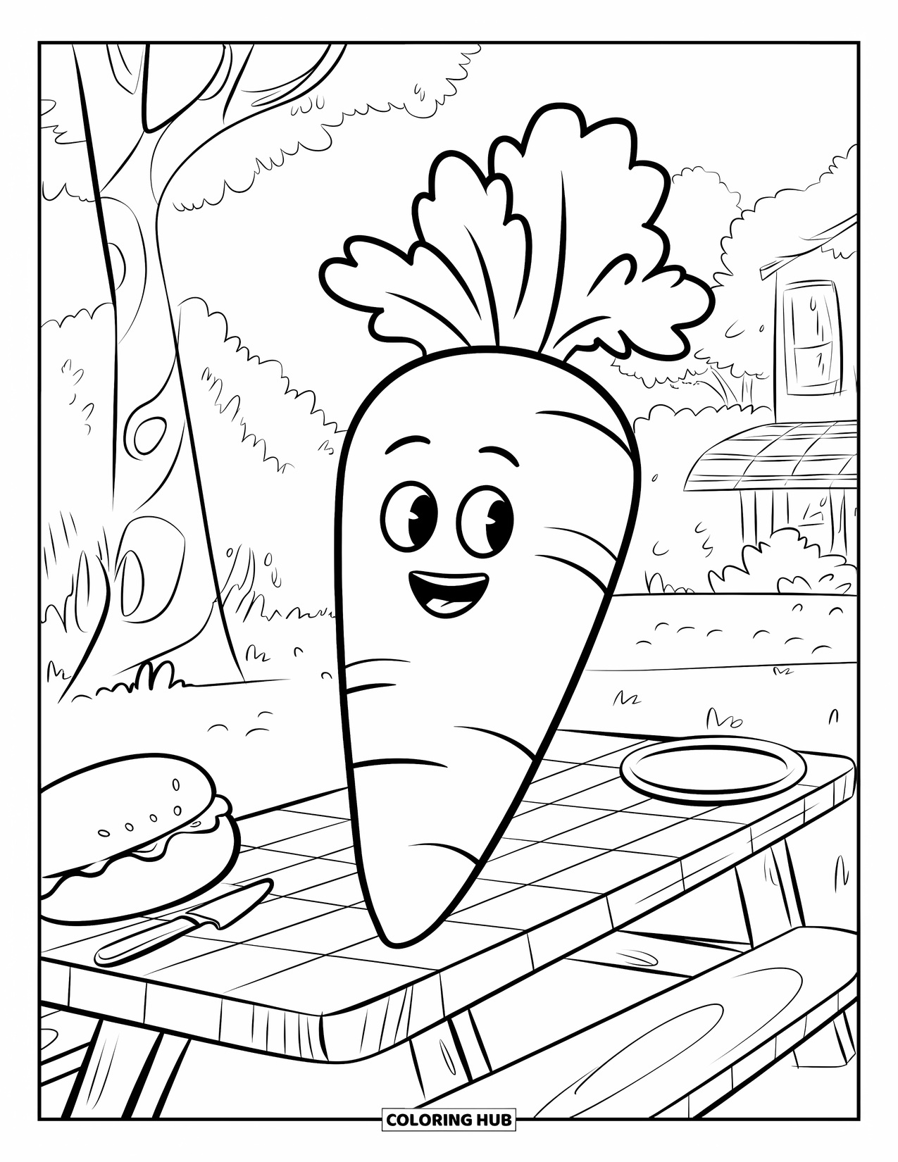 Orange Coloring Page for Kids: A carrot with a happy face sits beside picnic items under the trees