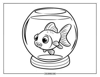 Coloriage orange pour enfants : Un joyeux poisson rouge nage dans un bocal sur un support en bois