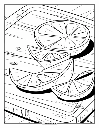 Coloriage orange pour enfants : Un gros plan de tranches d'orange disposées sur une planche à découper en bois