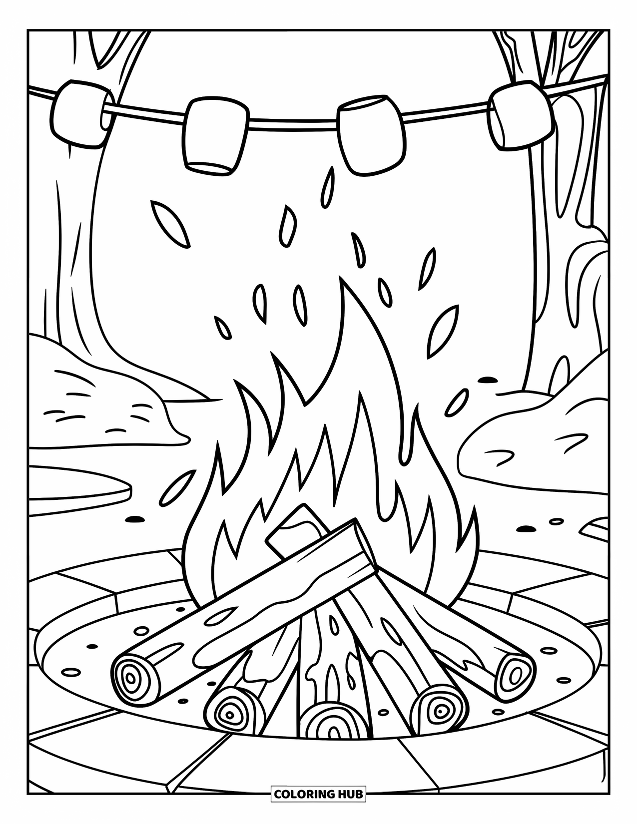 Orange Coloring Page for Kids: A cozy fire pit glows with marshmallows and sparks in the forest