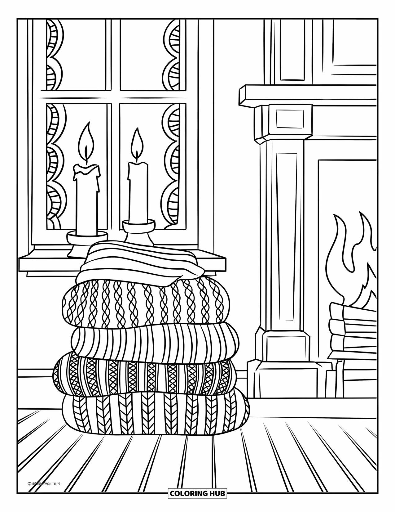 Orange Coloring Page for Kids: A cozy stack of sweaters rests by the fire and a lacy window