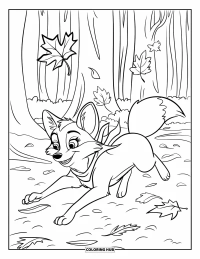 Coloriage orange pour enfants : Un renard portant une écharpe court après une feuille tombante dans la forêt d'automne