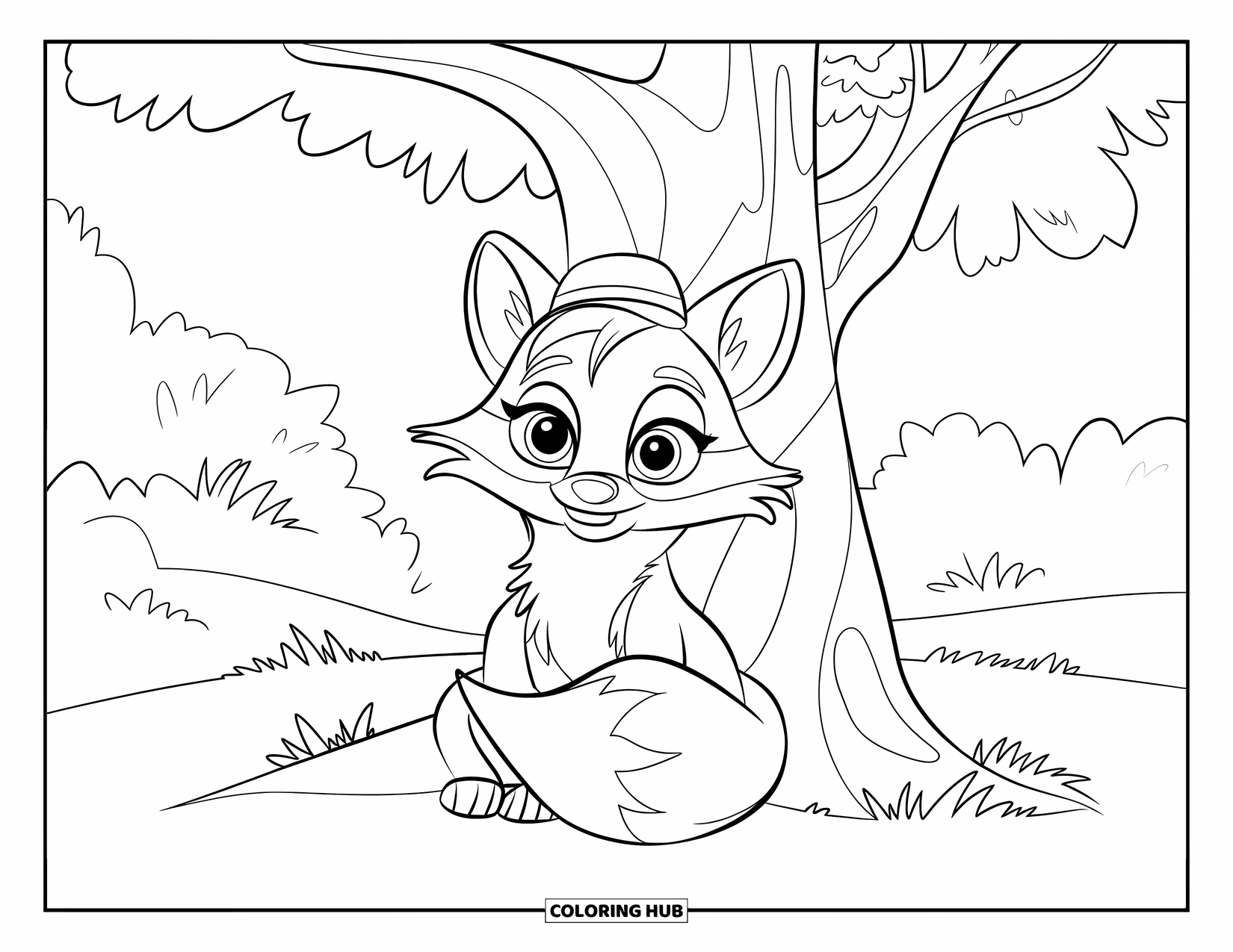Orange Coloring Page for Kids: A fox with big eyes naps under a park tree with other trees nearby