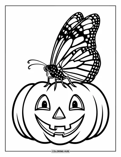 Coloriage orange pour enfants : Une citrouille souriante accueille un papillon dans ce motif d'automne plein de gaieté