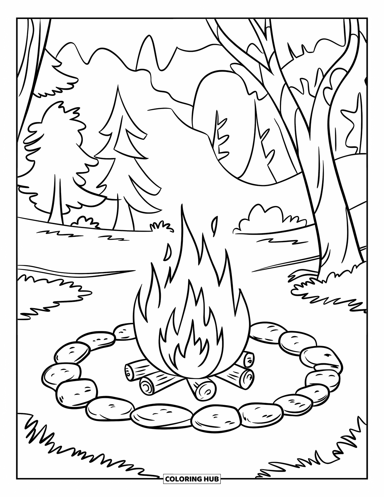 Orange Coloring Page for Kids: A glowing fire warms the woods beneath tall trees