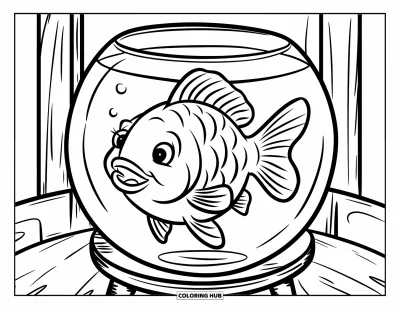 Coloriage orange pour enfants : Un joyeux poisson rouge souriant dans son bocal avec un décor simple et épuré