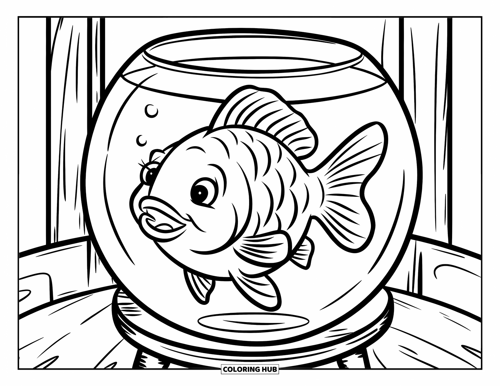 Orange Coloring Page for Kids: A happy goldfish grins in its bowl with clean, simple surroundings