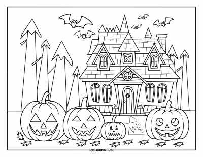Coloriage orange pour enfants : Une maison hantée avec des citrouilles et des chauves-souris pour une ambiance Halloween amusante
