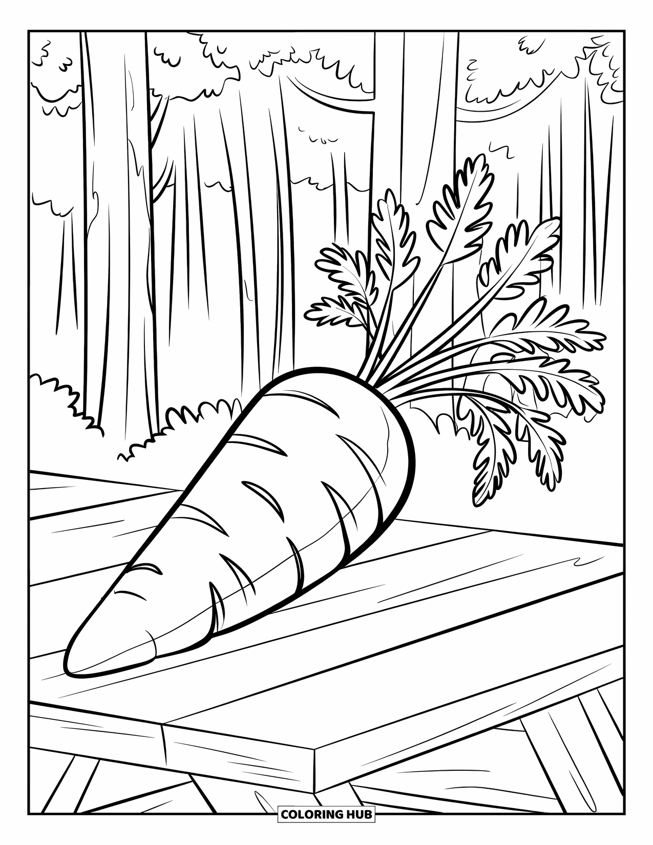 Orange Coloring Page for Kids: A large carrot sits on a table in the forest, ready to be colored