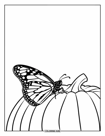 Coloriage orange pour enfants : Un monarque se pose doucement sur une citrouille dans cette jolie scène d'automne