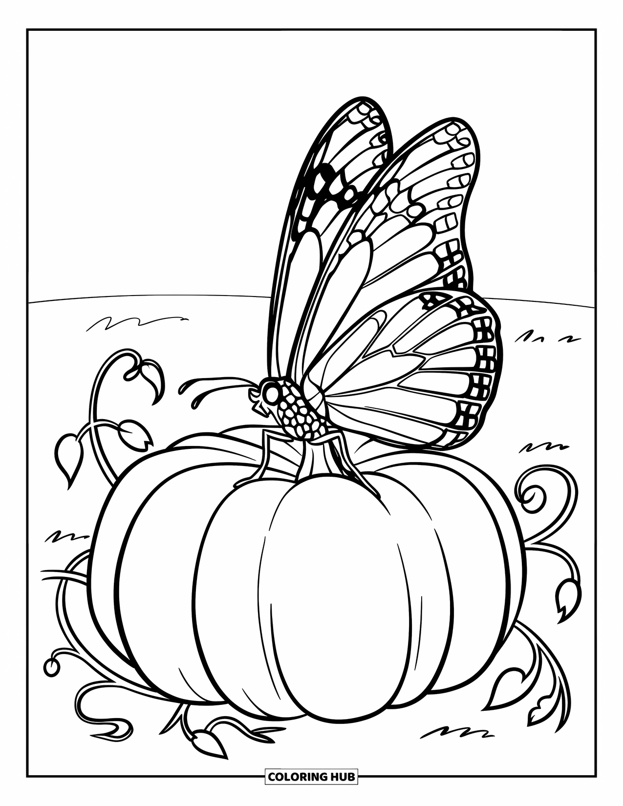 Orange Coloring Page for Kids: A monarch butterfly lands on a pumpkin with curling green vines