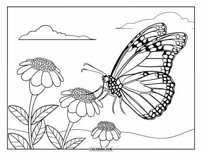 Coloriage orange pour enfants : Un monarque vole près des soucis sous un ciel partiellement nuageux