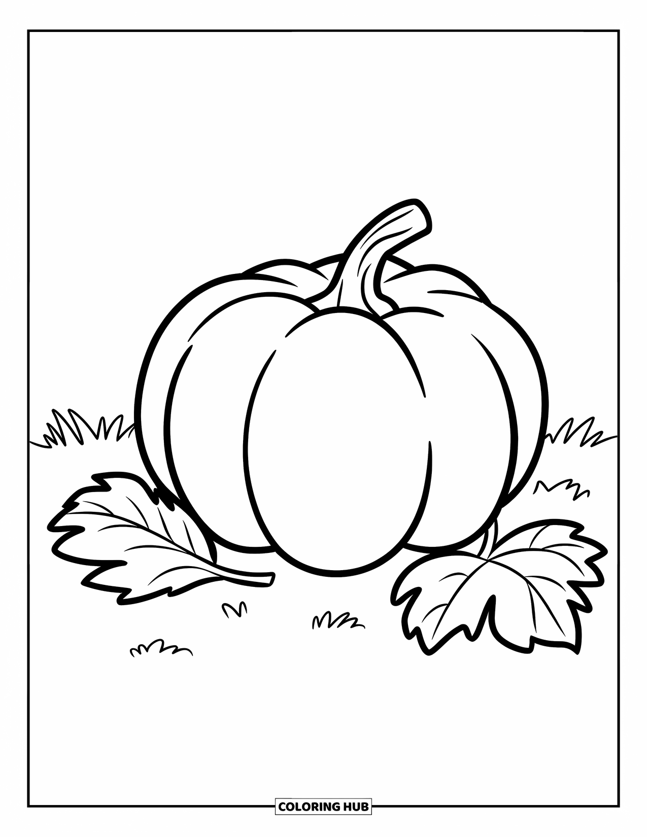 Orange Coloring Page for Kids: A pumpkin with leaves sits on grass, ready for coloring fun