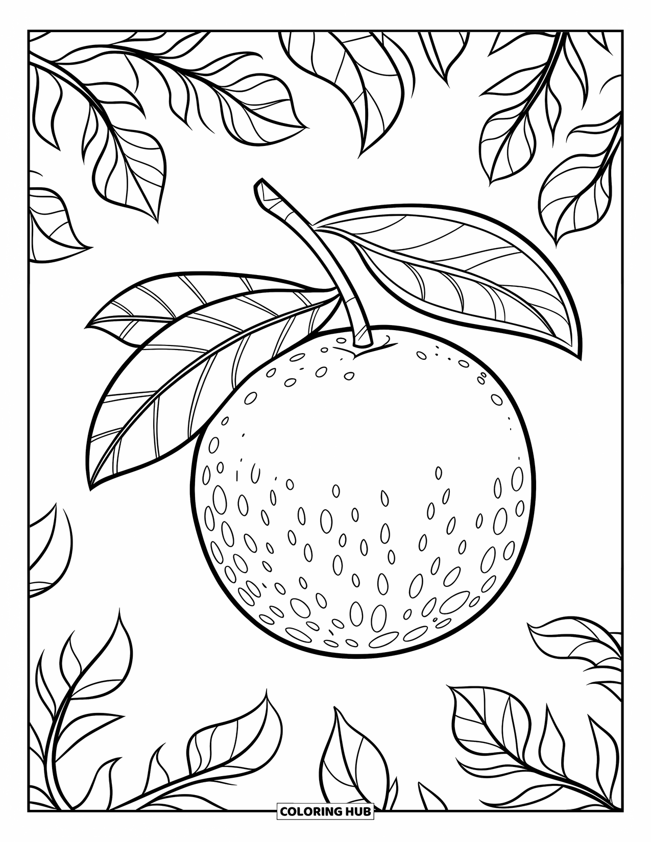 Orange Coloring Page for Kids: A ripe orange with bold outlines sits beside green leaves