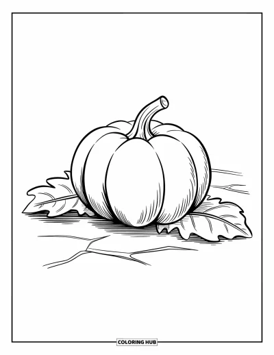 Coloriage orange pour enfants : Une citrouille ronde repose sur le sol avec deux feuilles à ses côtés
