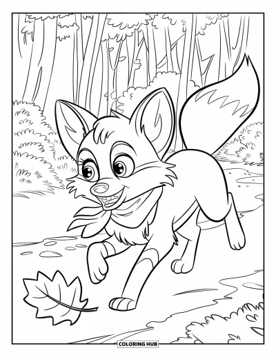 Coloriage orange pour enfants : Un renard portant une écharpe suit joyeusement une feuille tombante sur un sentier forestier