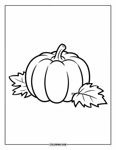 Coloriage orange pour enfants : Une citrouille simple posée à côté de deux feuilles sur fond blanc