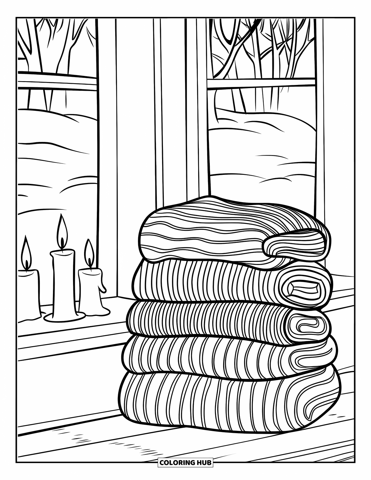 Orange Coloring Page for Kids: A stack of sweaters sits by a candle-lit window with a snowy view