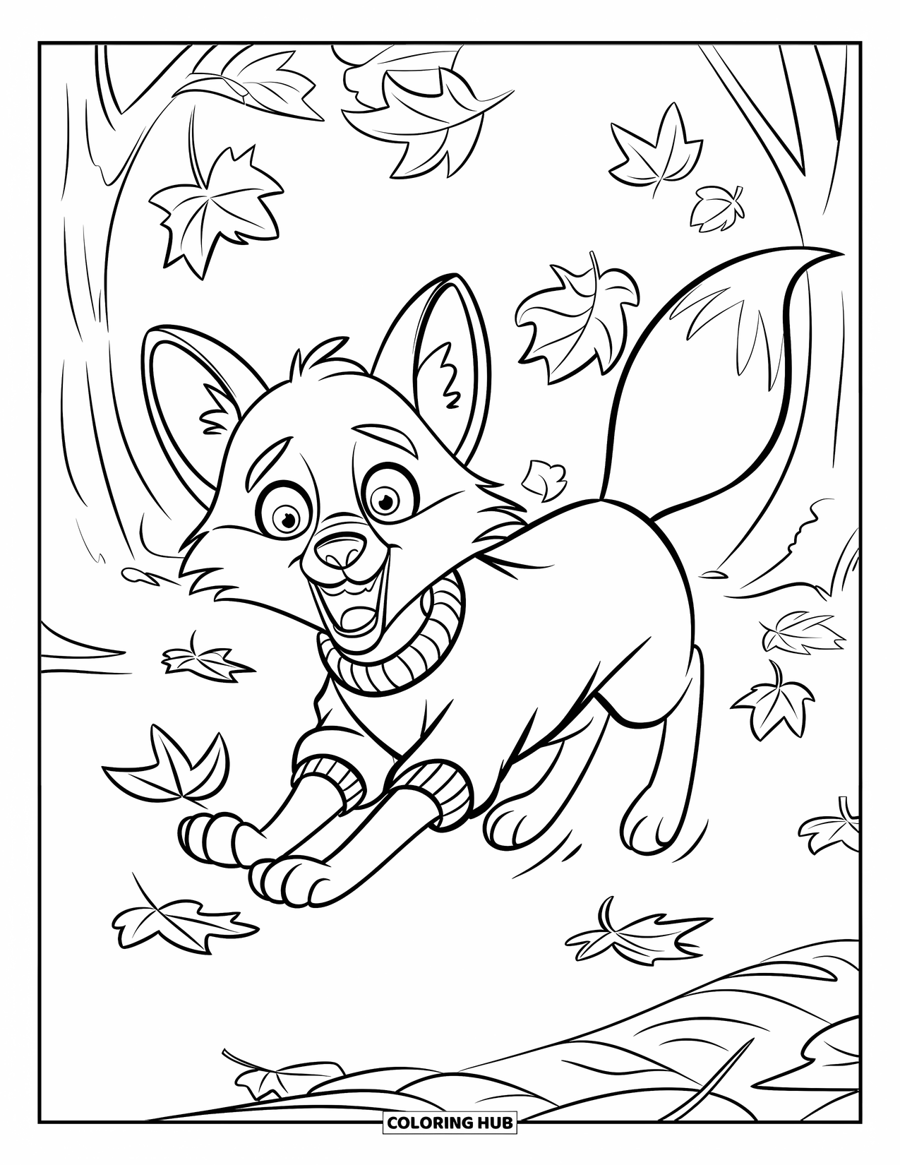 Orange Coloring Page for Kids: A surprised fox in a sweater runs after a drifting autumn leaf