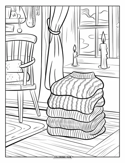 Coloriage orange pour enfants : Une pièce chaleureuse avec des pulls et une fenêtre lumineuse qui invite à entrer