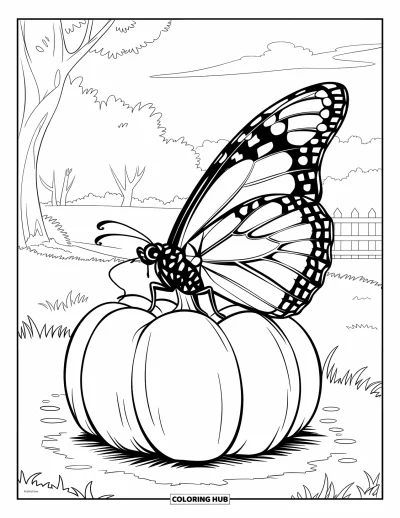 Coloriage orange pour enfants : Des ailes de papillon déployées sur une citrouille près d'arbres et d'une clôture