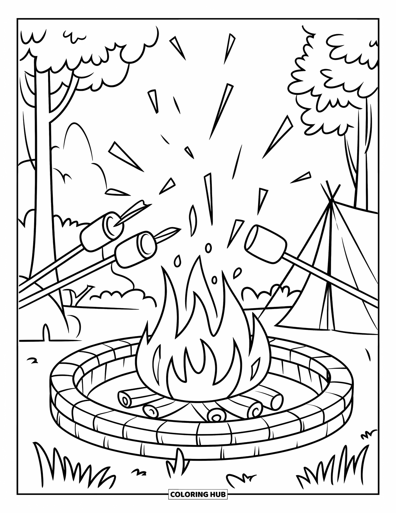 Orange Coloring Page for Kids: Campfire sparks rise as marshmallows toast near a tent in the woods