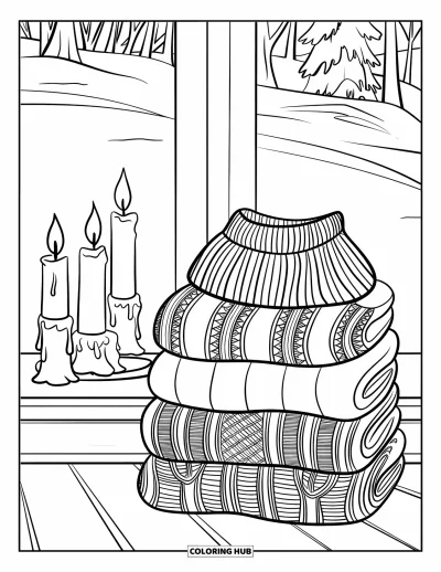 Coloriage orange pour enfants : Des pulls douillets et la lumière des bougies encadrent une scène d'hiver paisible