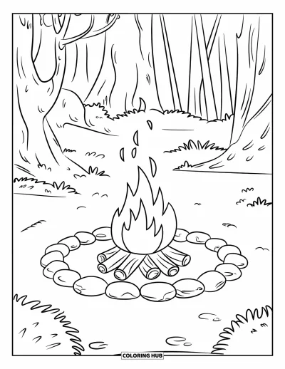 Coloriage orange pour enfants : Des flammes dansent depuis un foyer dans une clairière forestière tranquille
