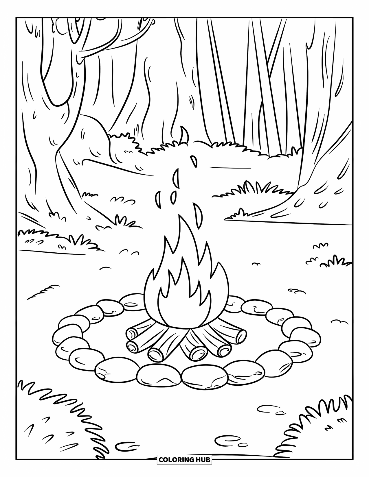 Orange Coloring Page for Kids: Flames flicker from a fire pit in a quiet forest clearing