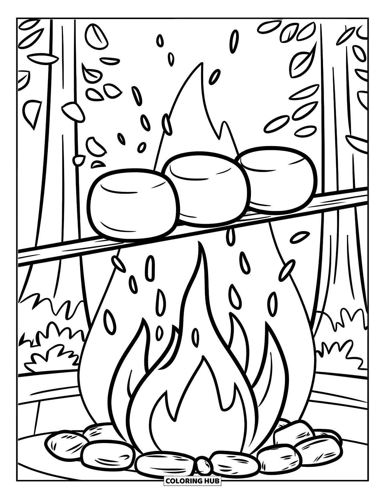 Orange Coloring Page for Kids: Fluffy marshmallows roast over a warm fire beneath tall trees