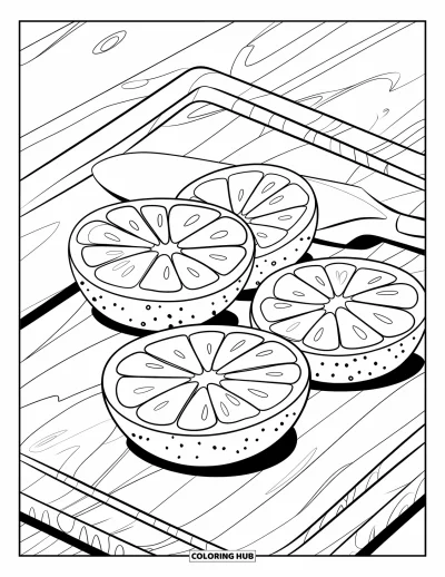 Coloriage orange pour enfants : Des tranches d'orange fraîches reposent sur une planche à découper en bois avec un couteau