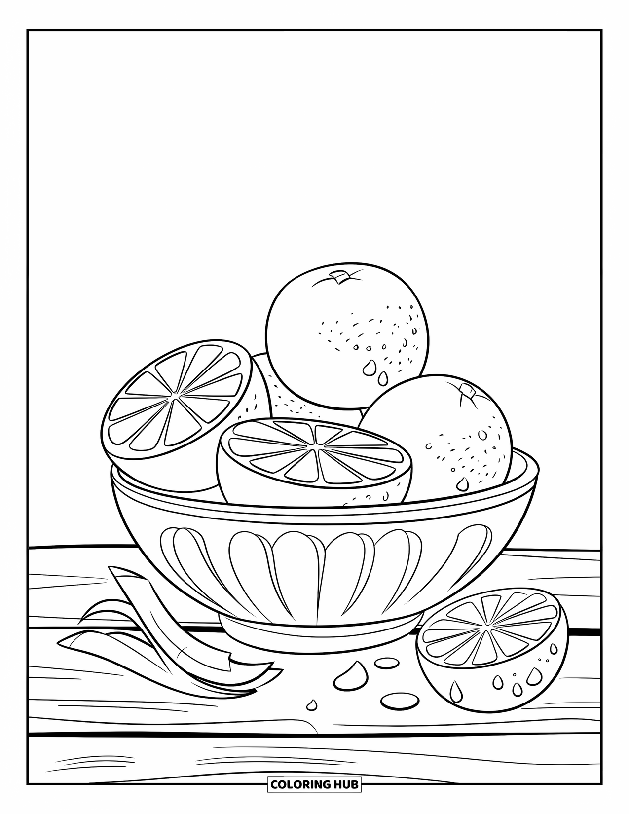 Orange Coloring Page for Kids: Juicy orange slices fill a bowl on a wooden surface