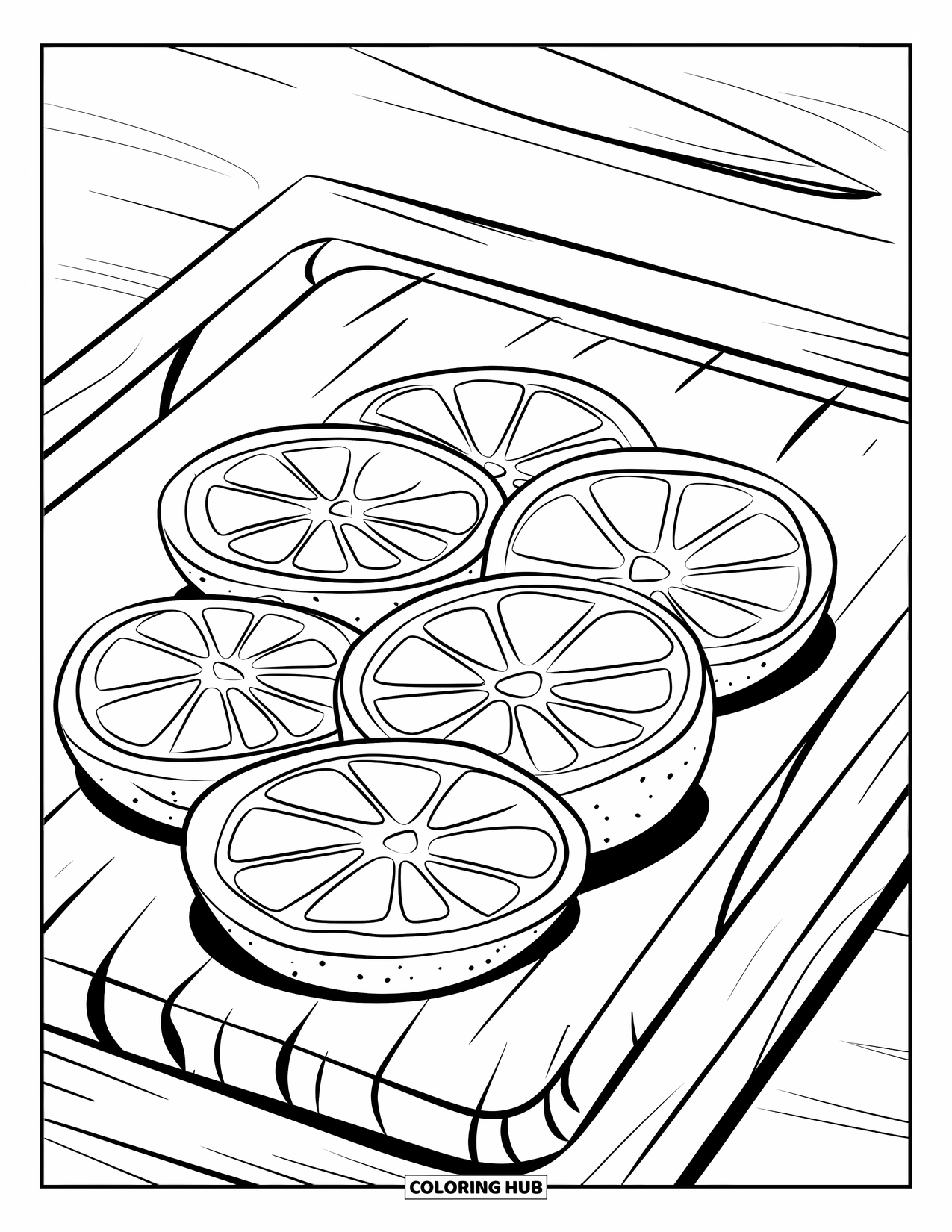 Orange Coloring Page for Kids: Orange slices spiral on a cutting board with visible grooves and seeds
