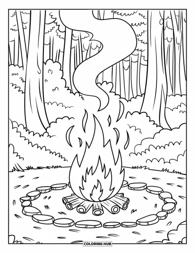 Coloriage orange pour enfants : La fumée qui monte s'enroule au-dessus d'un feu de camp dans une forêt de grands arbres