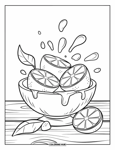 Coloriage orange pour enfants : Des tranches d'orange avec des gouttes de jus posées à côté de pelures sur une table