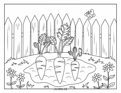 Coloriage orange pour enfants : Trois carottes poussent dans un jardin entouré d'une clôture en bois et de fleurs