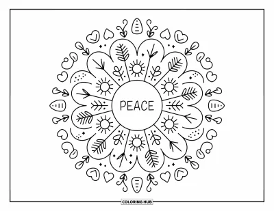 Yetişkinler için Barış Boyama Sayfası: Merkezinde "Peace" yazan ve sarmaşık, güneş, kalp süslemeli dairesel mandala