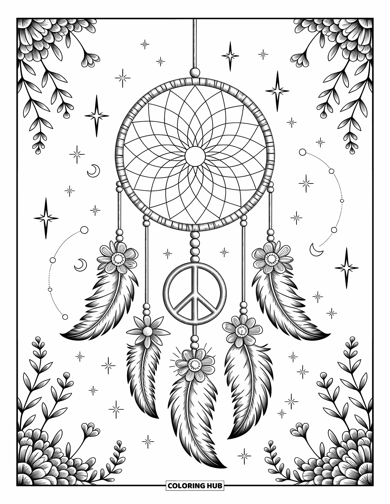 Peace Coloring Page for Adults: A dreamcatcher with "Peace" in the center surrounded by feathers, flowers, and moons