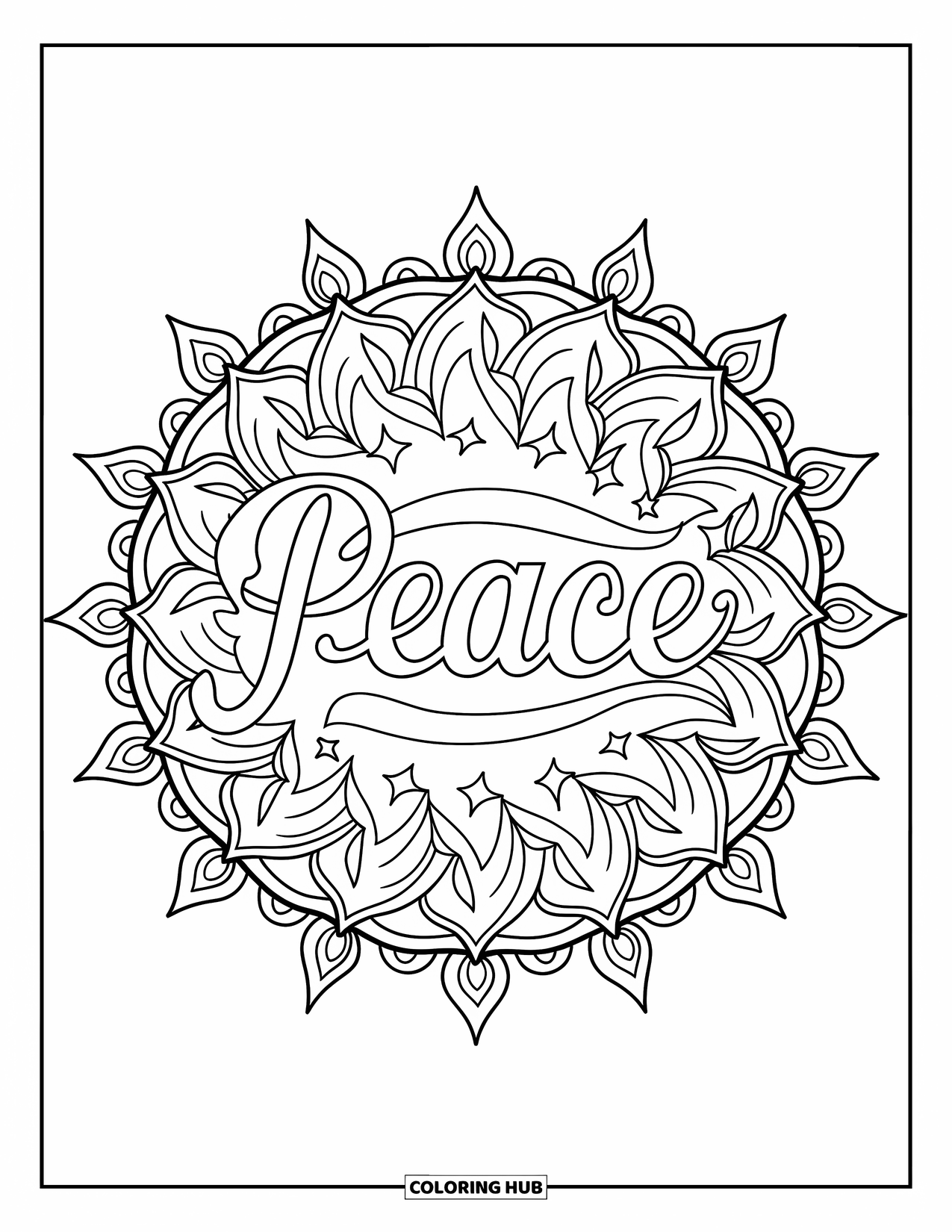 Peace Coloring Page for Adults: A sunburst mandala with "Peace" in script, stars, and leaves