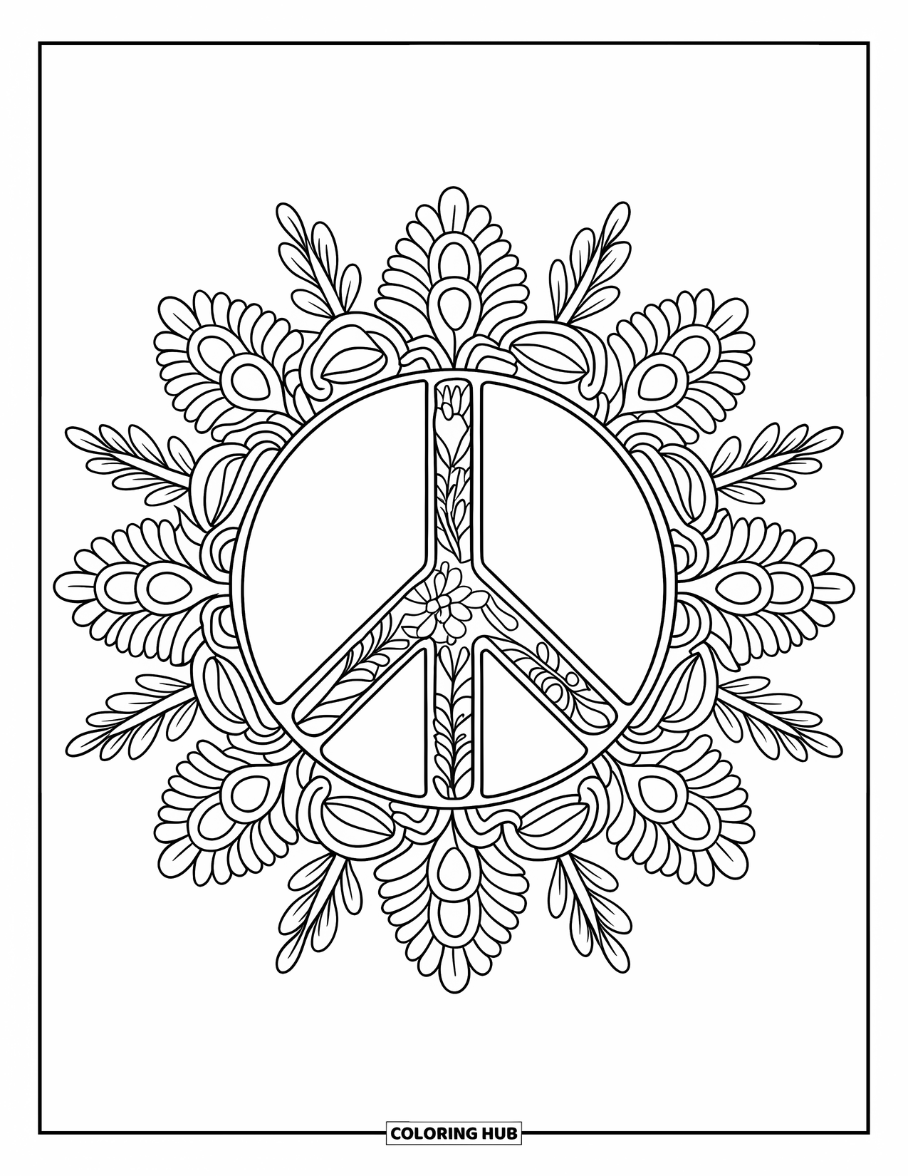 Peace Coloring Page for Adults: Floral mandala peace symbol with vines radiating outward