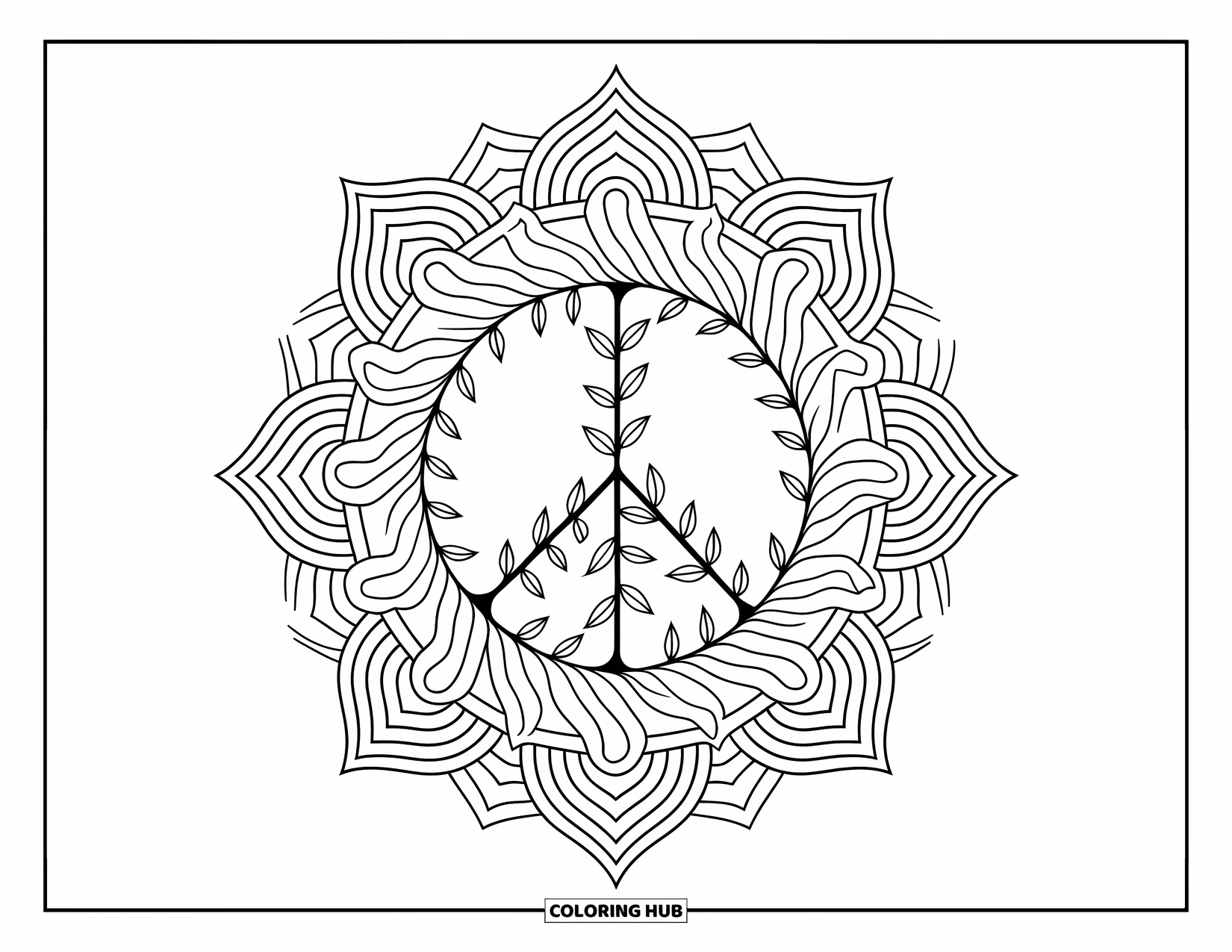 Peace Coloring Page for Adults: Leafy peace sign with mandala lines, circles, and spirals