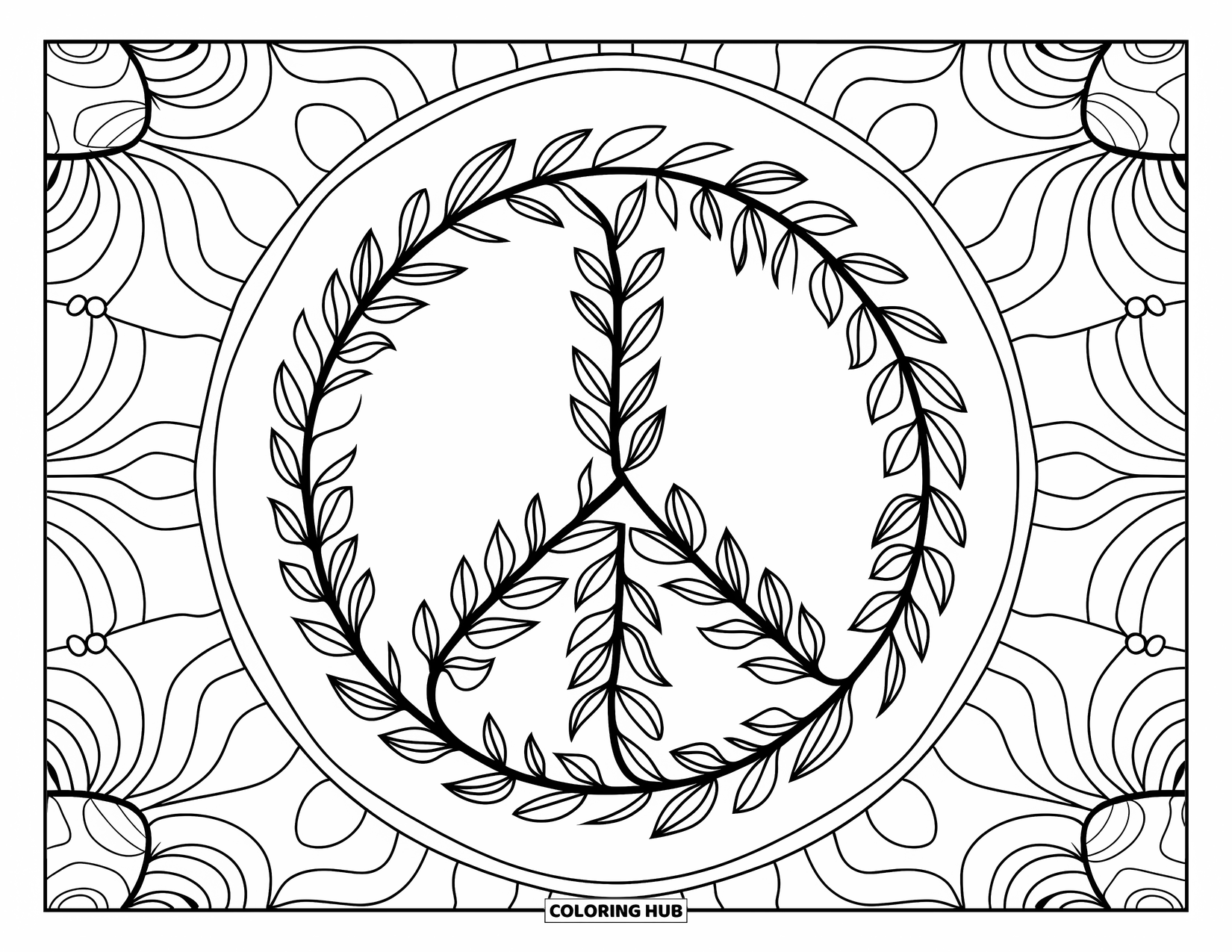 Peace Coloring Page for Adults: Leafy peace symbol surrounded by symmetrical mandala lines