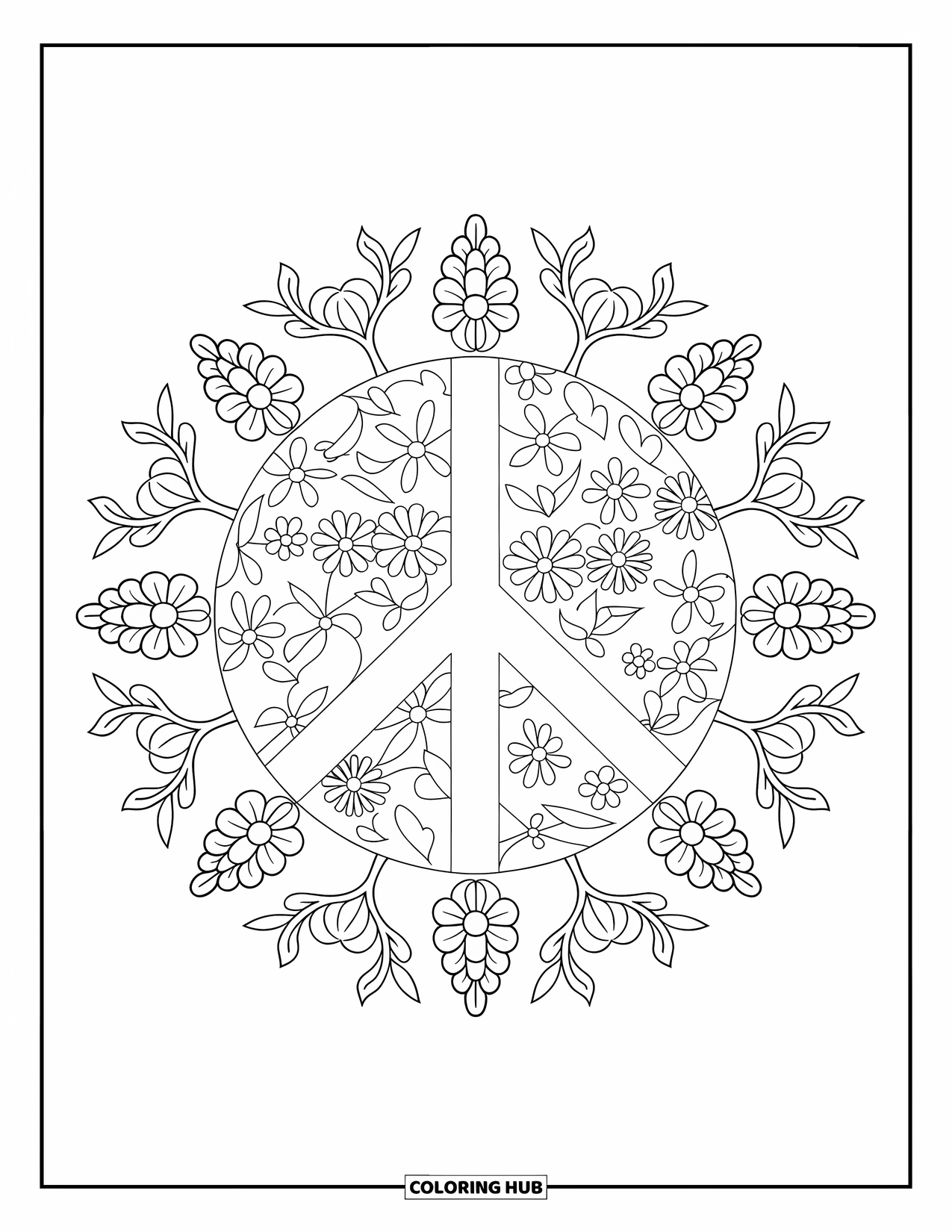 Peace Coloring Page for Adults: Mandala peace symbol with bold outlines and no shading