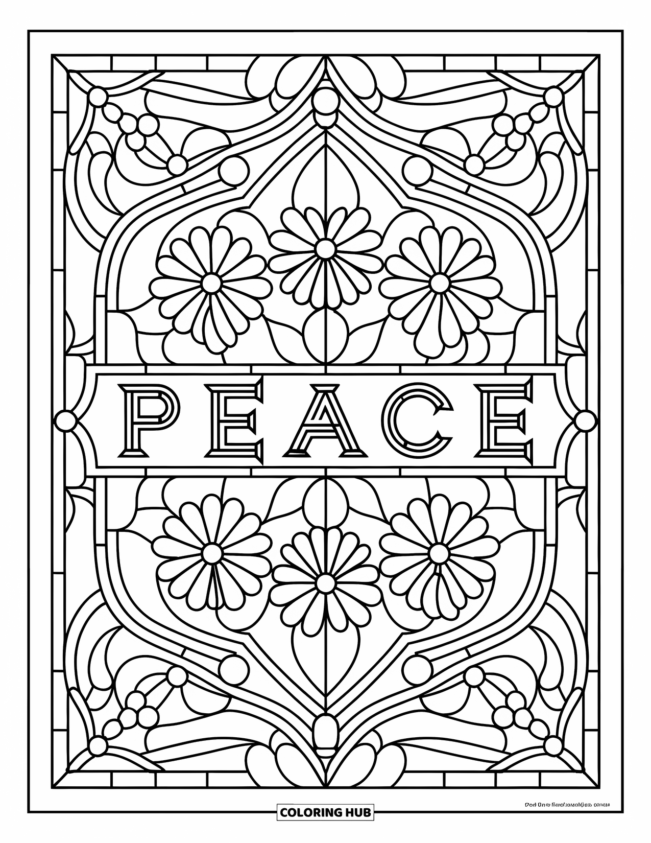 Peace Coloring Page for Adults: "Peace" in a stained glass panel with flower motifs
