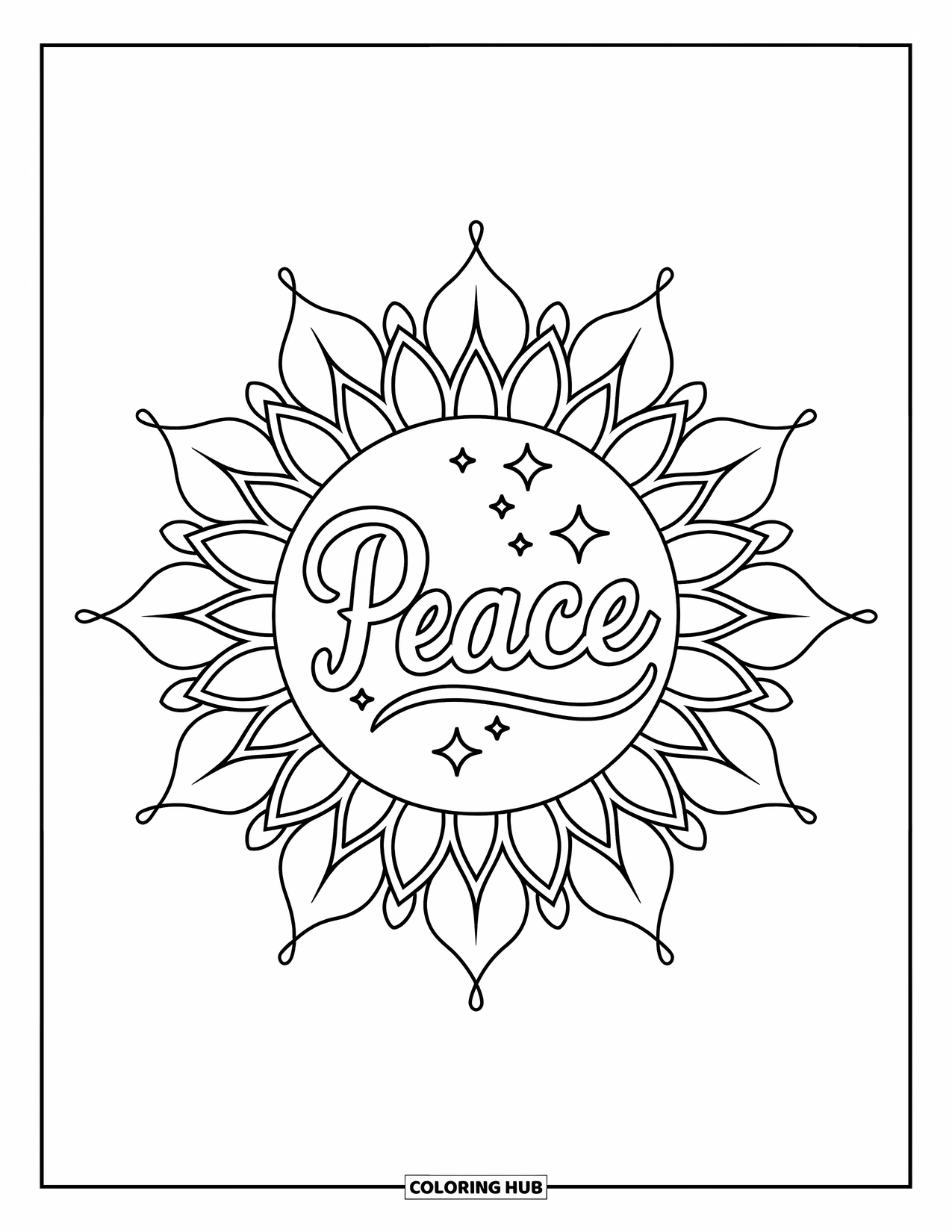 Peace Coloring Page for Adults: "Peace" in a sunburst mandala with stars and leaves around it
