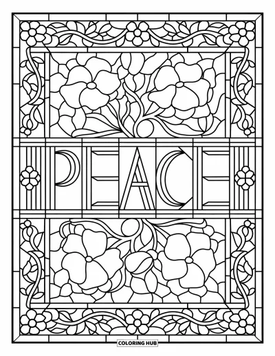 Yetişkinler için Barış Boyama Sayfası: Sarmaşıklar, çiçekler ve çerçeveli vitray "Peace"