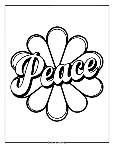 Yetişkinler için Barış Boyama Sayfası: Vitray yapraklar ve beyaz arka planlı retro "Peace" yazısı