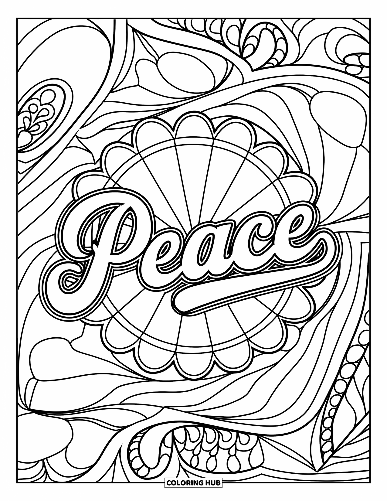 Peace Coloring Page for Adults: Retro-style "Peace" lettering surrounded by stained glass and patterns