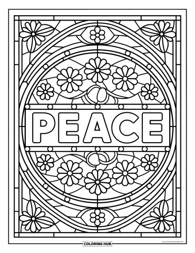 Yetişkinler için Barış Boyama Sayfası: Çiçekler ve dekoratif detaylarla çevrili vitray "Peace"