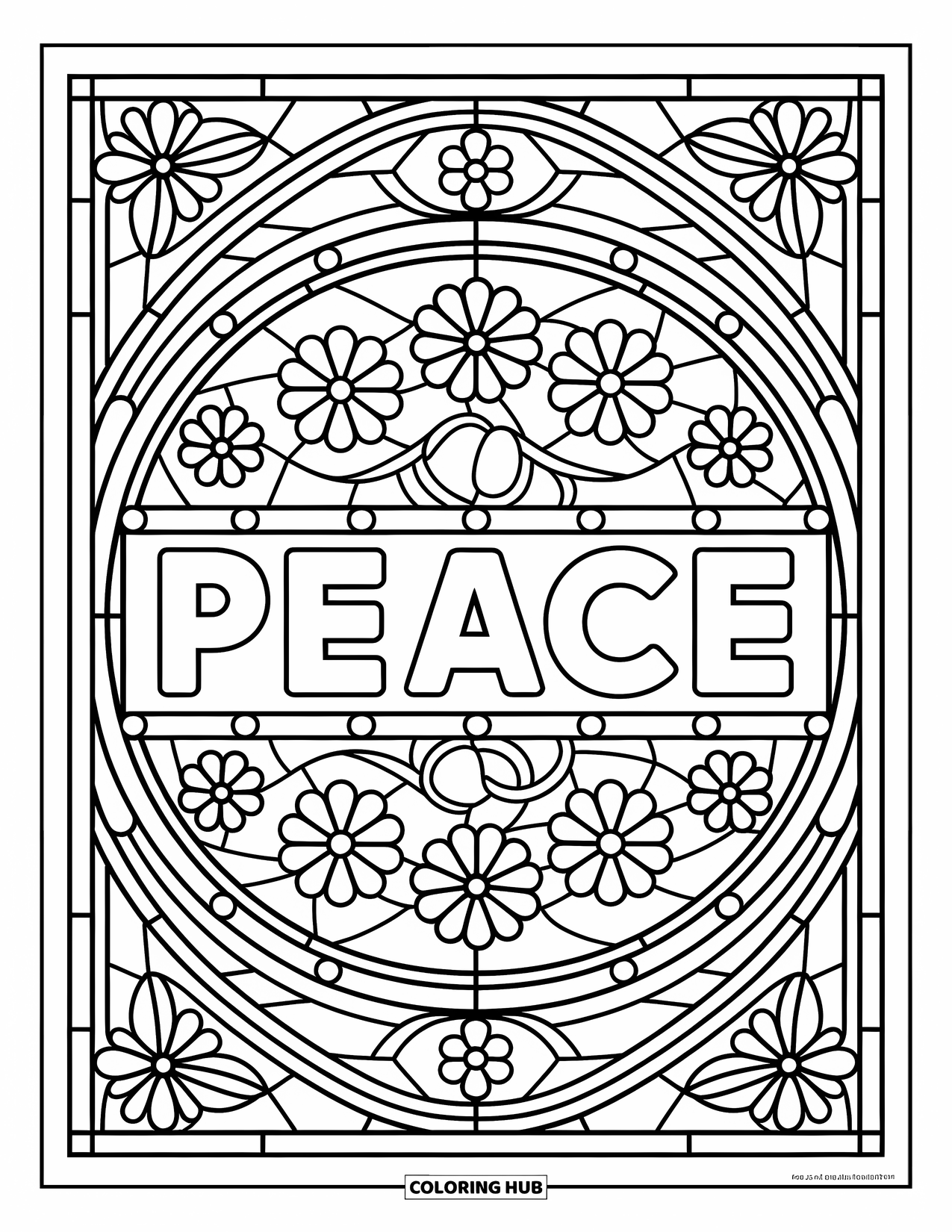 Peace Coloring Page for Adults: Stained glass "Peace" surrounded by flowers and decorative details